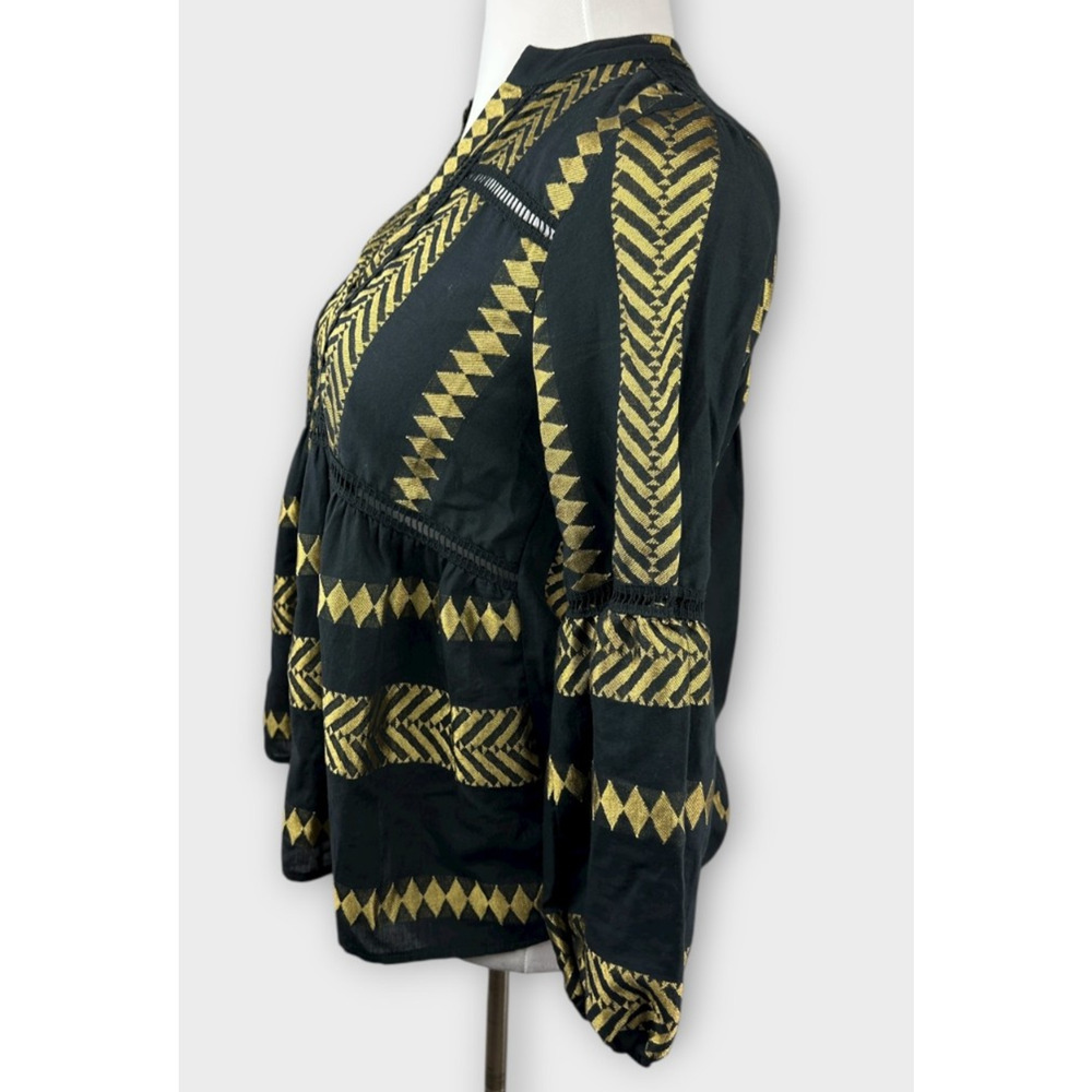Kasia Blouse Black & Gold Balloon Sleeve Boho Geometric Babydoll Top Size Small - Picture 8 of 13